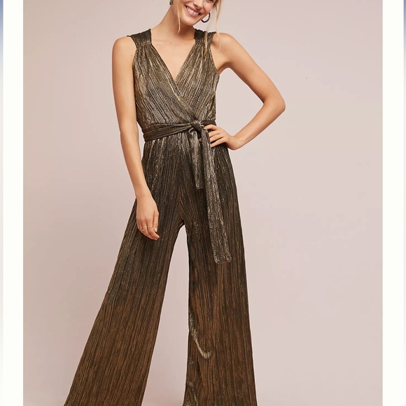 Anthropologie Pants - ANTHROPOLOGIE by Vanessa Virginia Pont Neuf Jumpsuit Metallic Gold Plisse